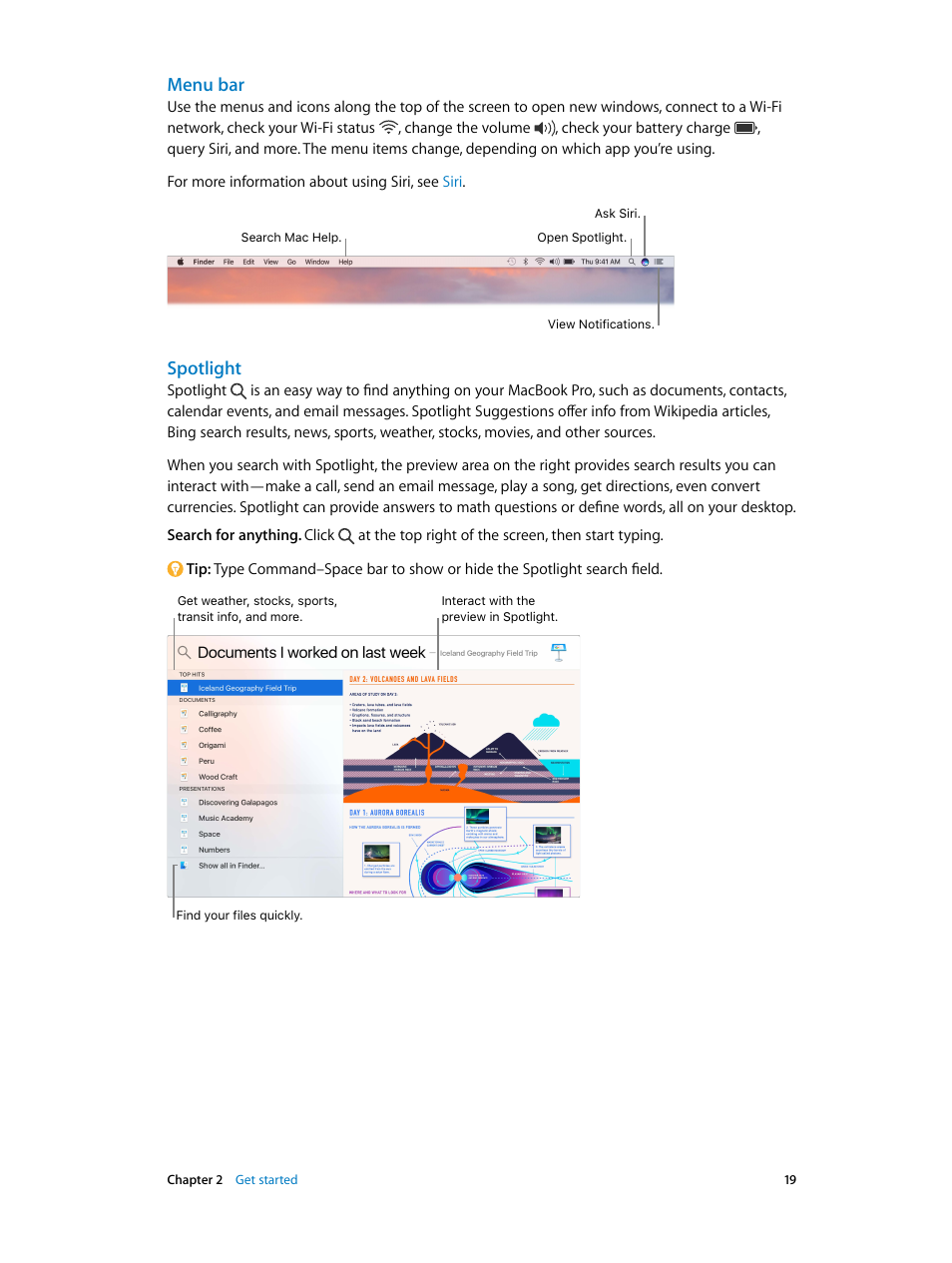 Menu bar, Spotlight | Apple MacBook Pro (15-inch, 2016) User Manual | Page 19 / 72