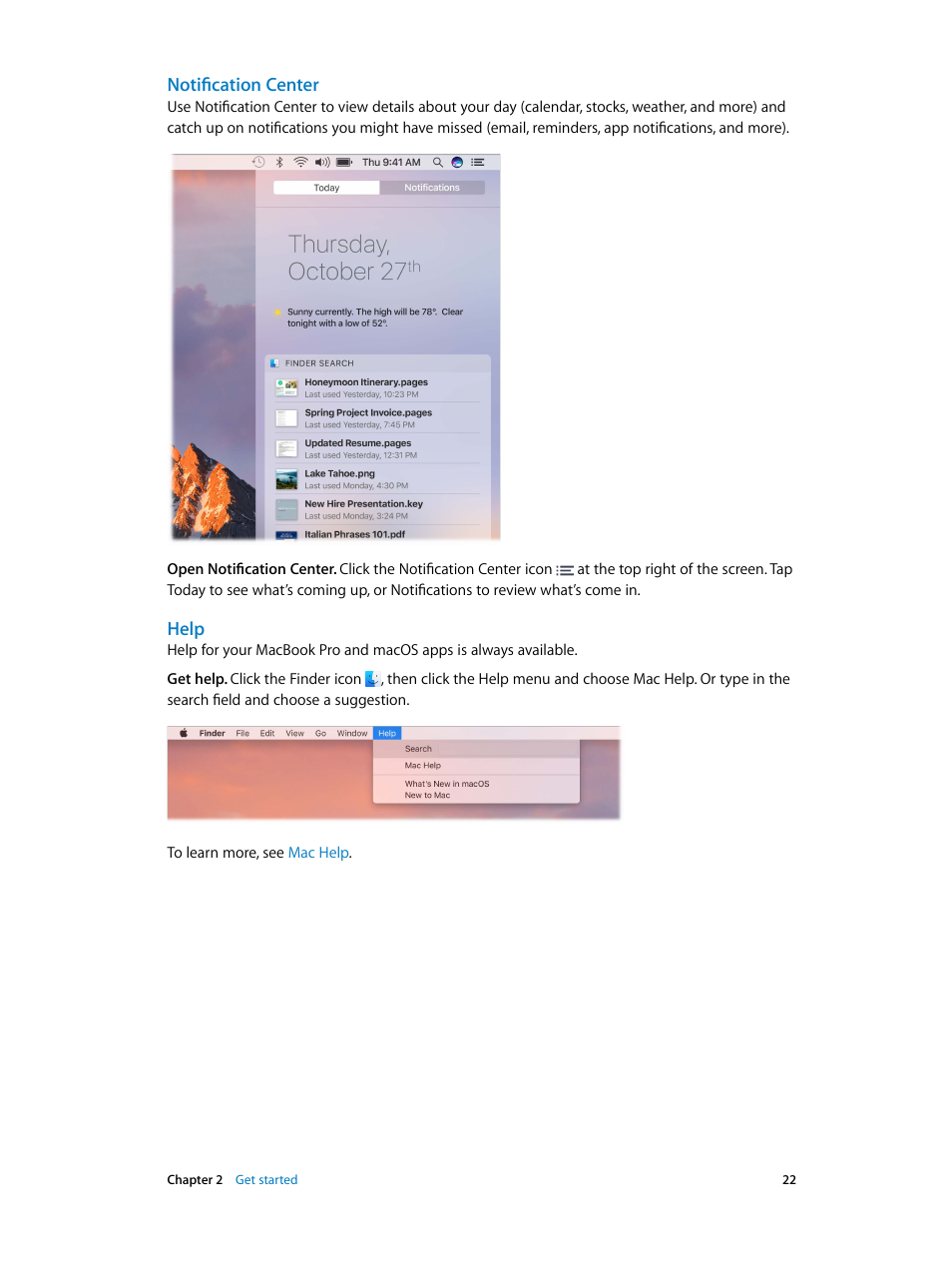 Notification center, Help | Apple MacBook Pro (15-inch, 2016) User Manual | Page 22 / 72