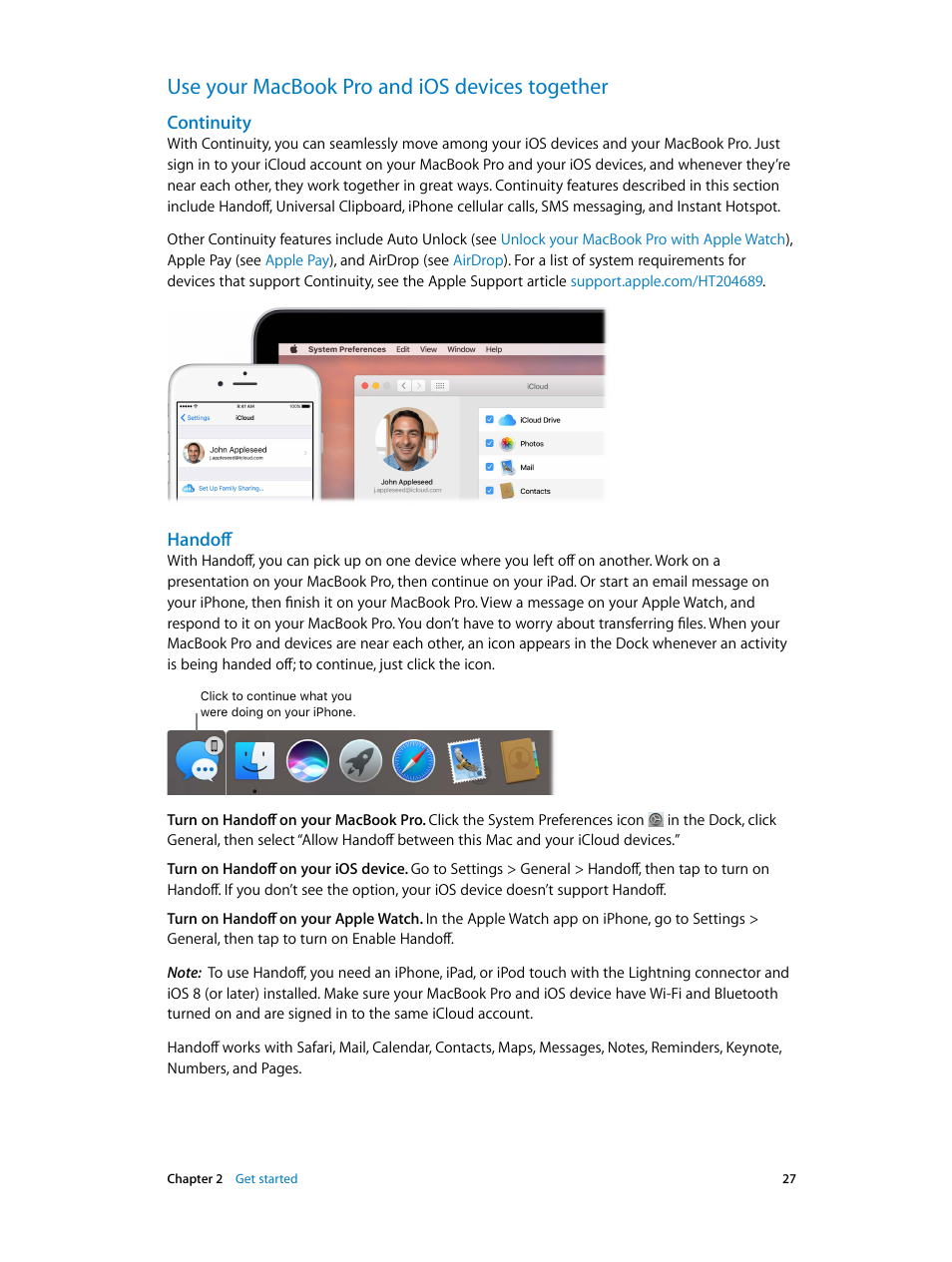Use your macbook pro and ios devices together, 27 use your macbook pro and ios devices together, Continuity | Handoff | Apple MacBook Pro (15-inch, 2016) User Manual | Page 27 / 72