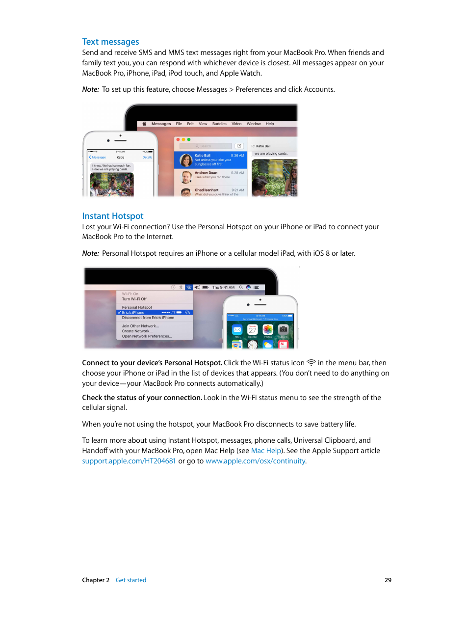 Text messages, Instant hotspot | Apple MacBook Pro (15-inch, 2016) User Manual | Page 29 / 72