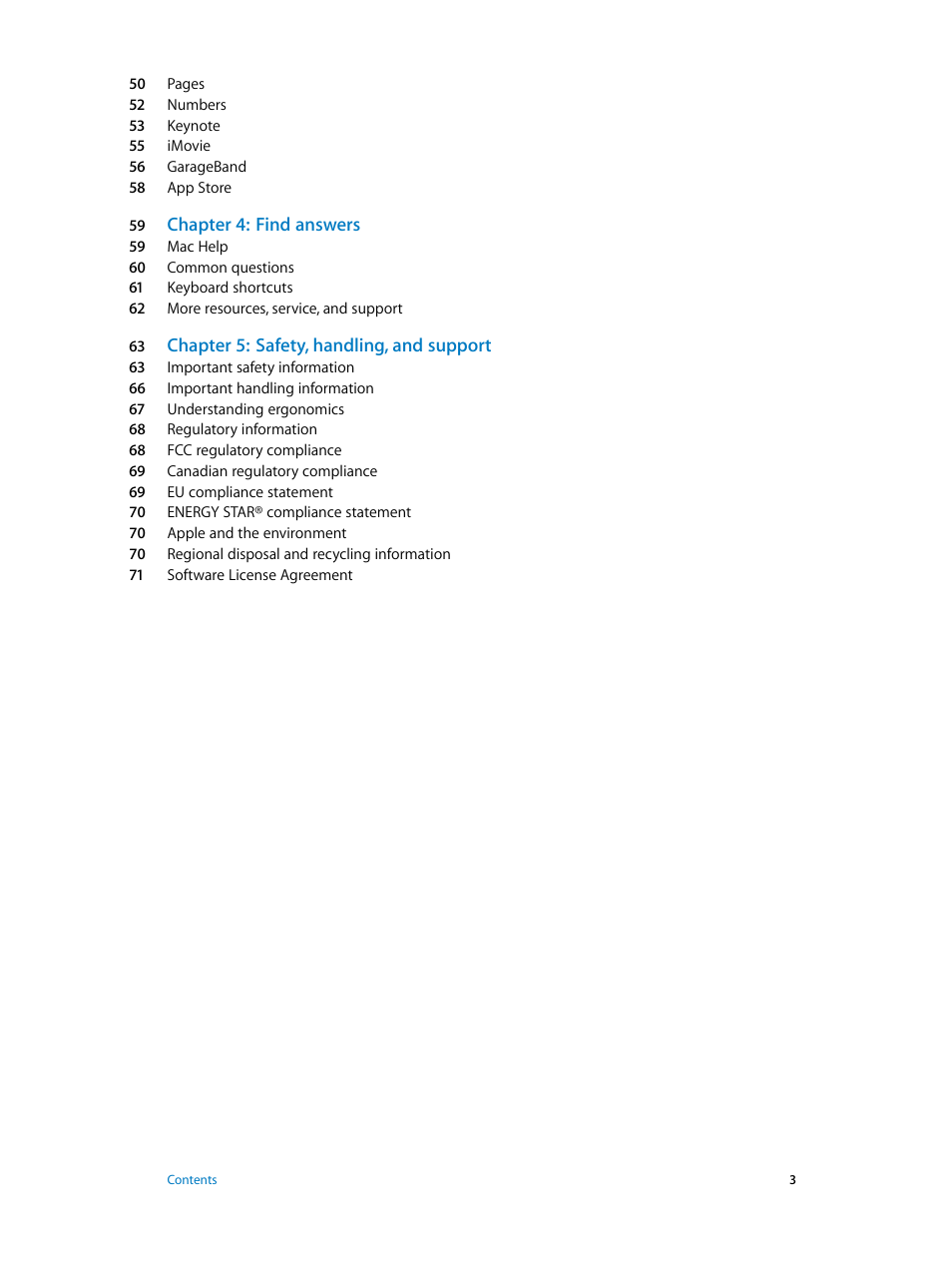 Chapter 4: find answers, Chapter 5: safety, handling, and support | Apple MacBook Pro (15-inch, 2016) User Manual | Page 3 / 72
