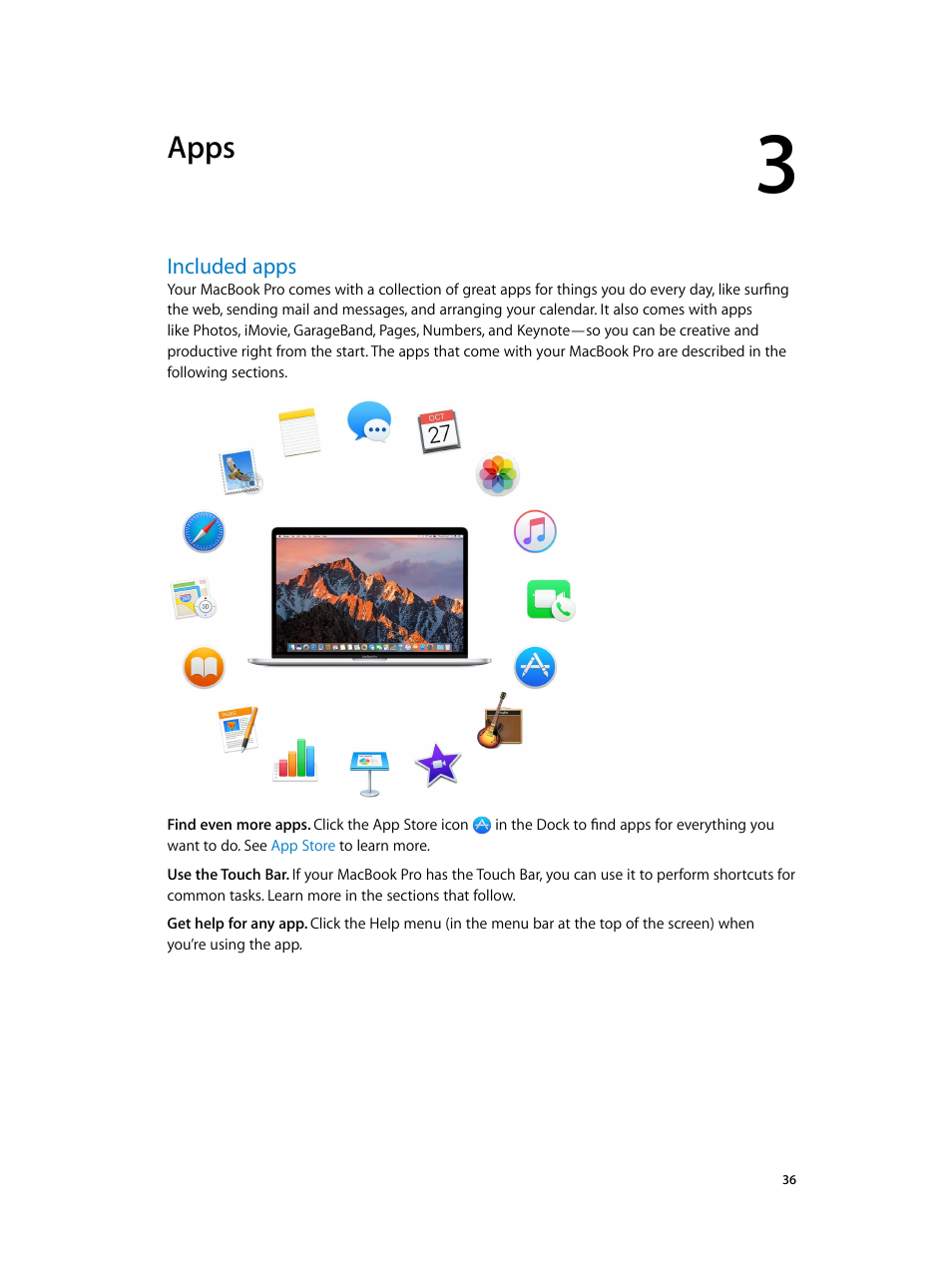 Chapter 3: apps, Included apps, 36 included apps | Apps | Apple MacBook Pro (15-inch, 2016) User Manual | Page 36 / 72