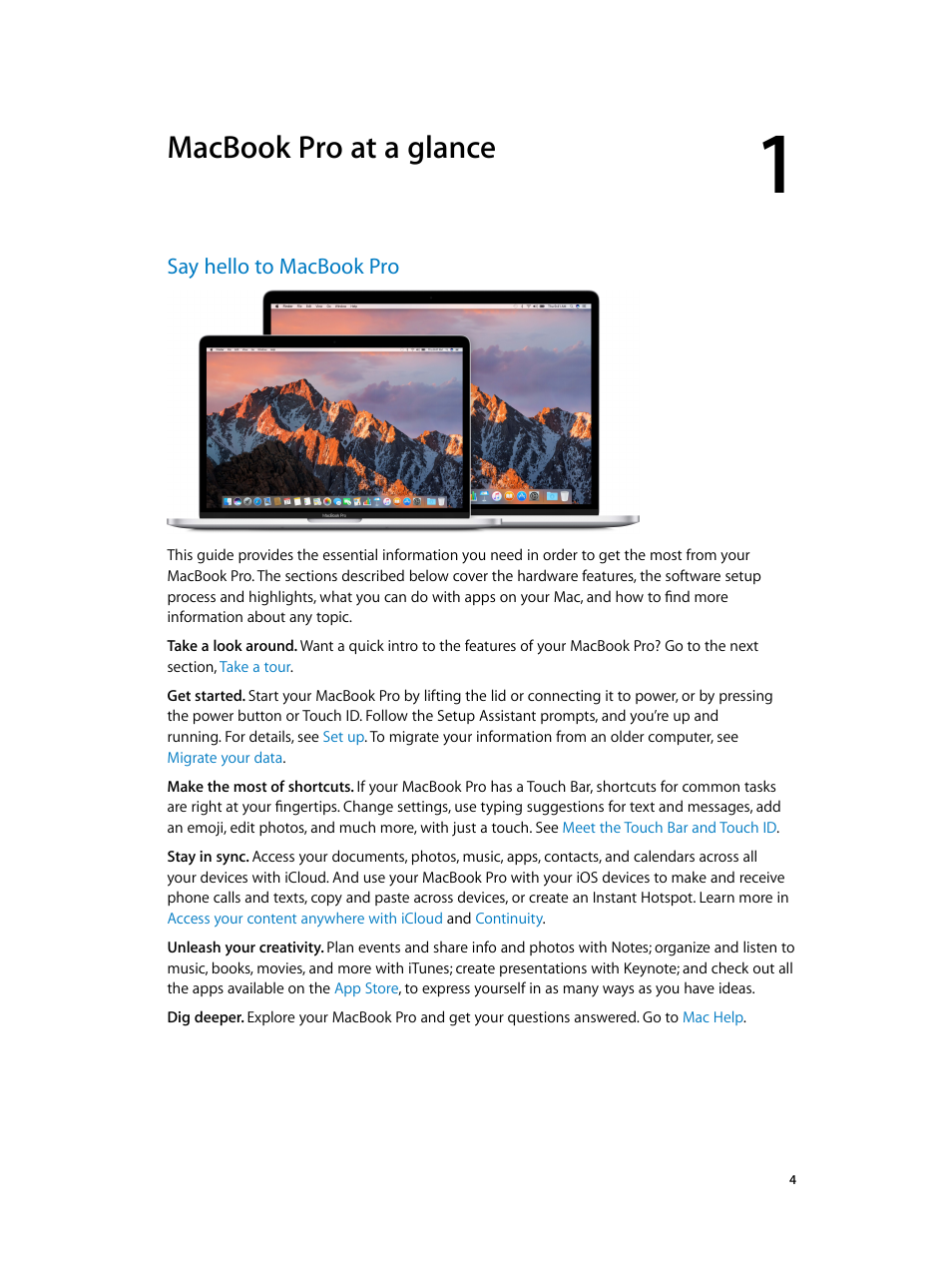 Chapter 1: macbook pro at a glance, Say hello to macbook pro, Macbook pro at a glance | Apple MacBook Pro (15-inch, 2016) User Manual | Page 4 / 72