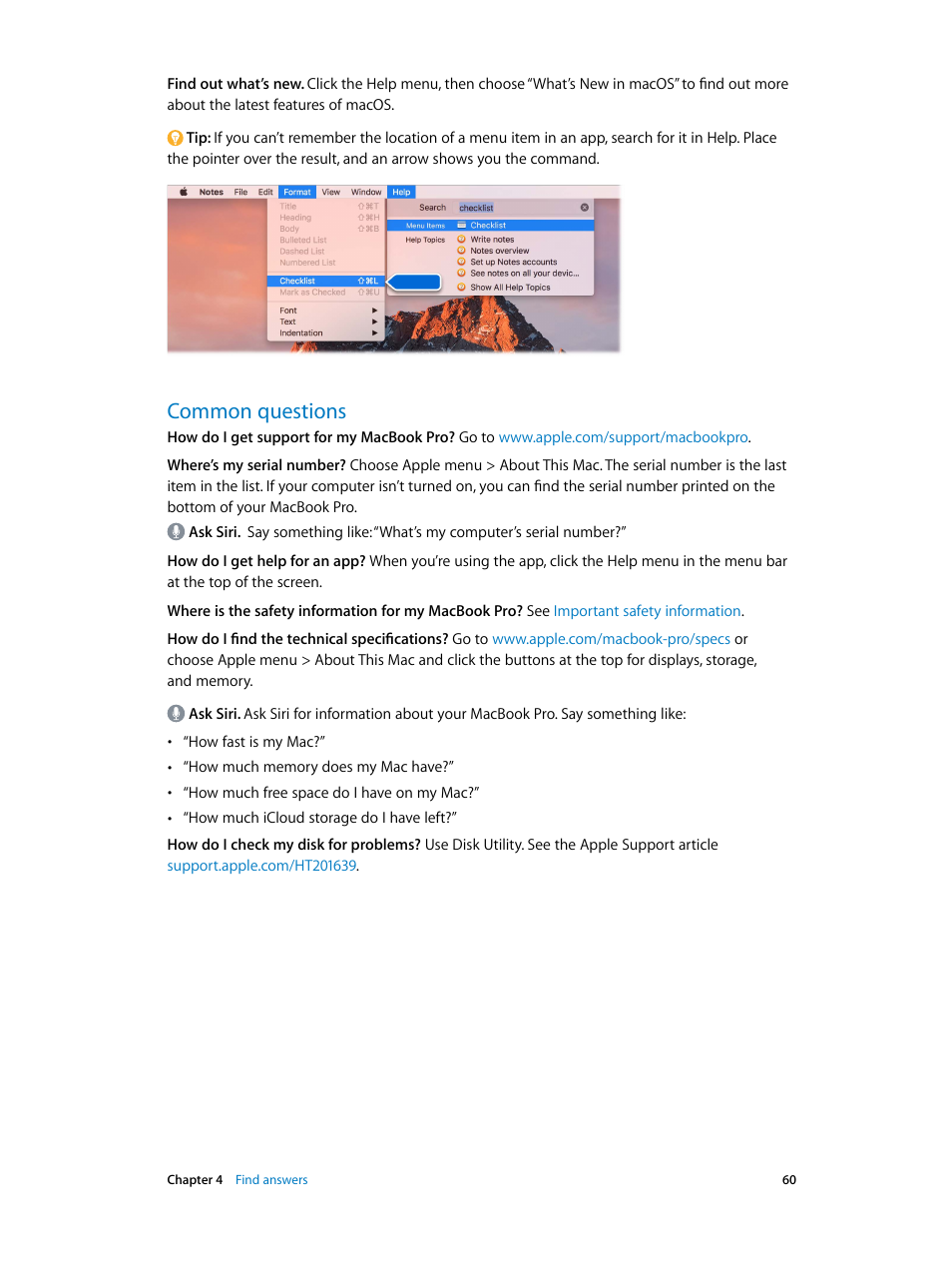 Common questions, 60 common questions | Apple MacBook Pro (15-inch, 2016) User Manual | Page 60 / 72