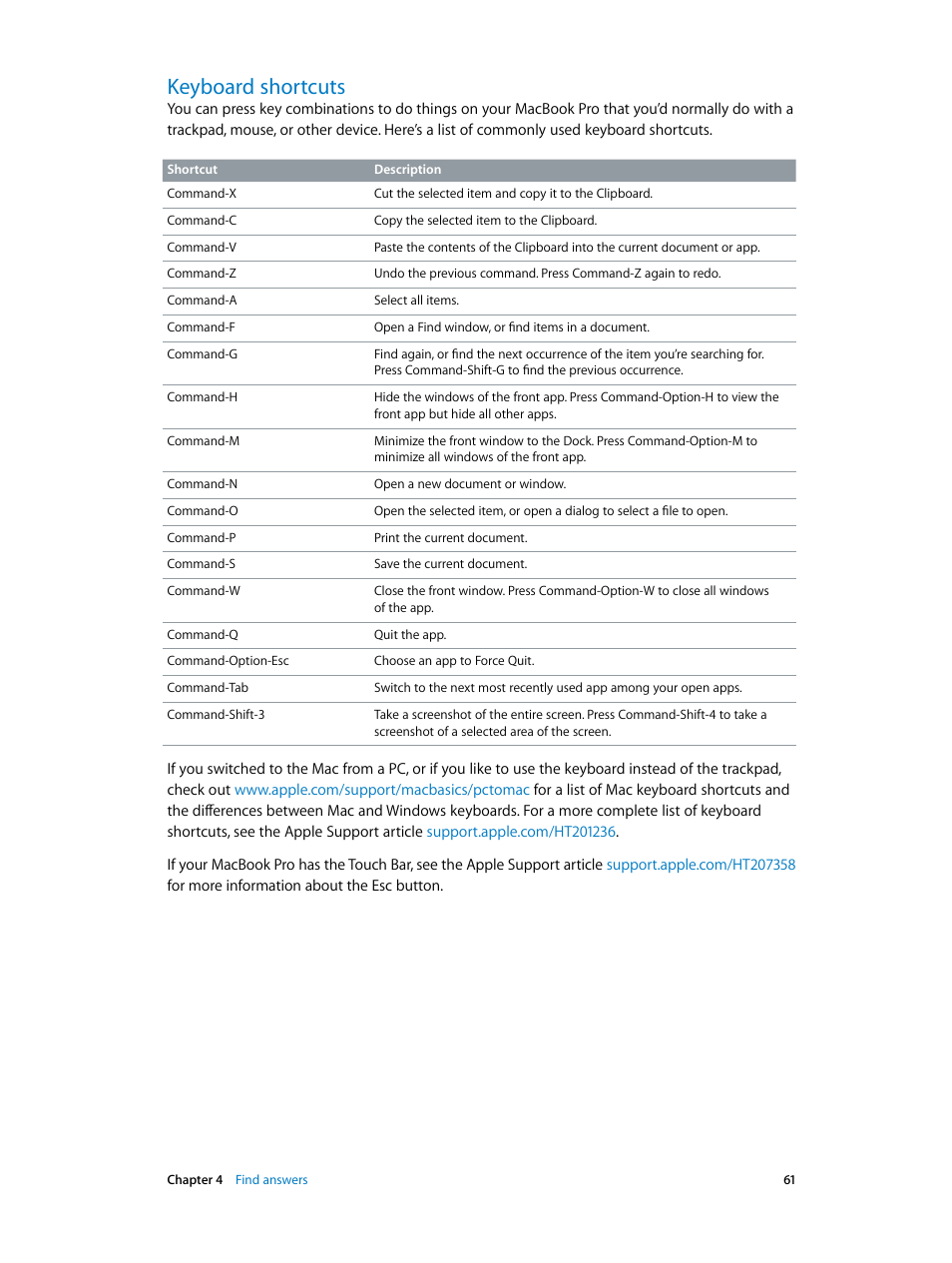 Keyboard shortcuts, 61 keyboard shortcuts | Apple MacBook Pro (15-inch, 2016) User Manual | Page 61 / 72