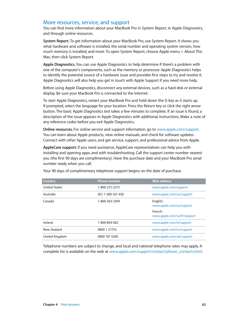 More resources, service, and support, 62 more resources, service, and support | Apple MacBook Pro (15-inch, 2016) User Manual | Page 62 / 72