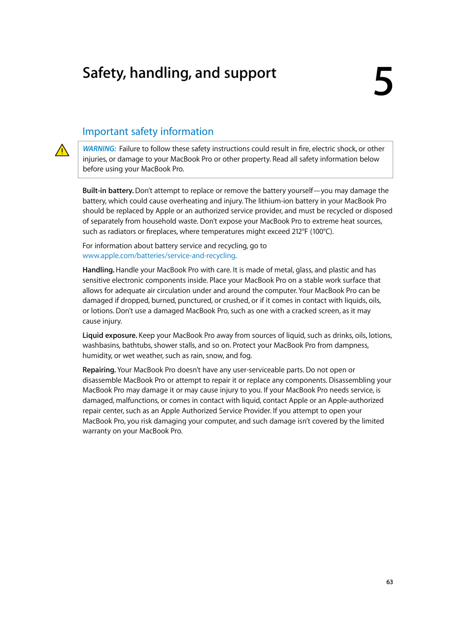 Chapter 5: safety, handling, and support, Important safety information, 63 important safety information | Safety, handling, and support | Apple MacBook Pro (15-inch, 2016) User Manual | Page 63 / 72