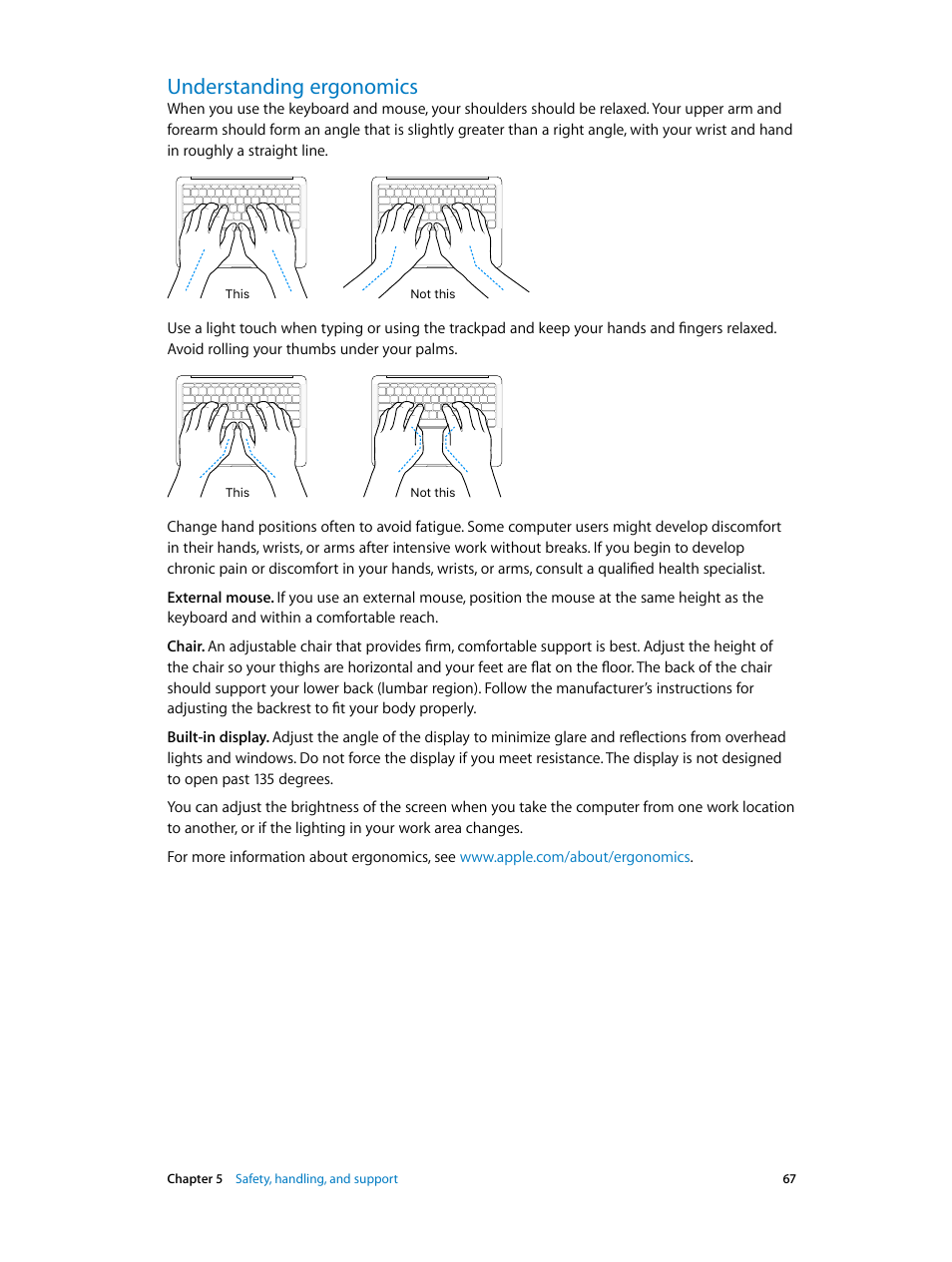 Understanding ergonomics, 67 understanding ergonomics | Apple MacBook Pro (15-inch, 2016) User Manual | Page 67 / 72