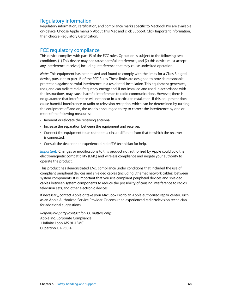 Regulatory information, Fcc regulatory compliance | Apple MacBook Pro (15-inch, 2016) User Manual | Page 68 / 72