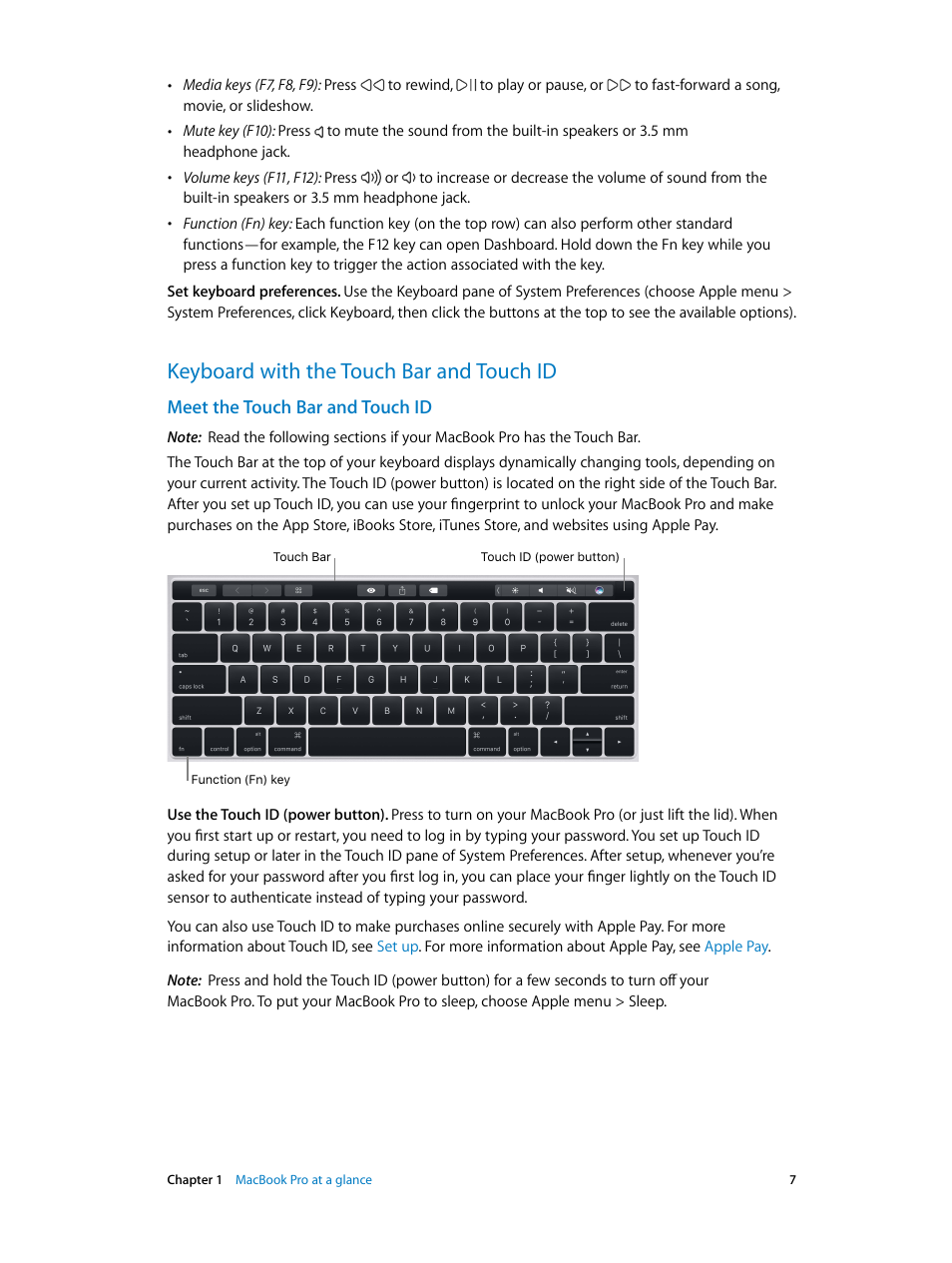 Keyboard with the touch bar and touch id, Meet the touch bar and touch id, Meet the touch bar and | Touch id | Apple MacBook Pro (15-inch, 2016) User Manual | Page 7 / 72