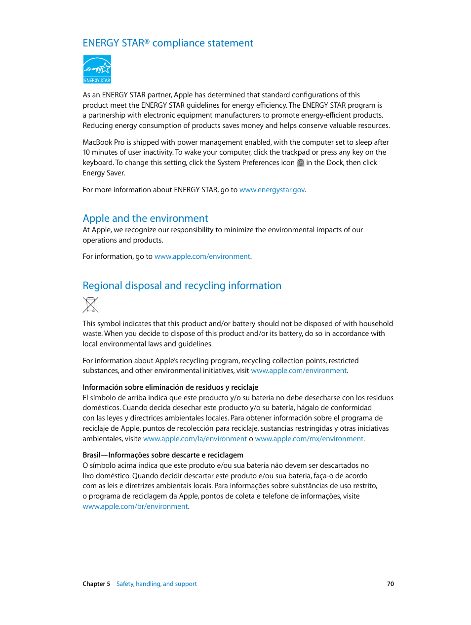 Energy star® compliance statement, Apple and the environment, Regional disposal and recycling information | Apple MacBook Pro (15-inch, 2016) User Manual | Page 70 / 72