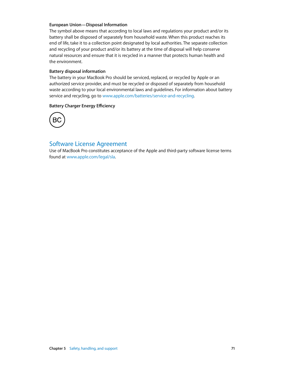 Software license agreement, 71 software license agreement | Apple MacBook Pro (15-inch, 2016) User Manual | Page 71 / 72