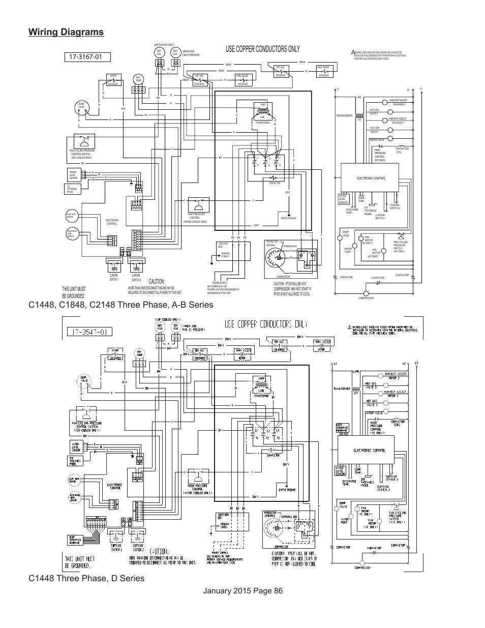 Wiring diagrams, Use copper conductors only, Caution | This unit must be grounded | Scotsman Prodigy Series User Manual | Page 86 / 104