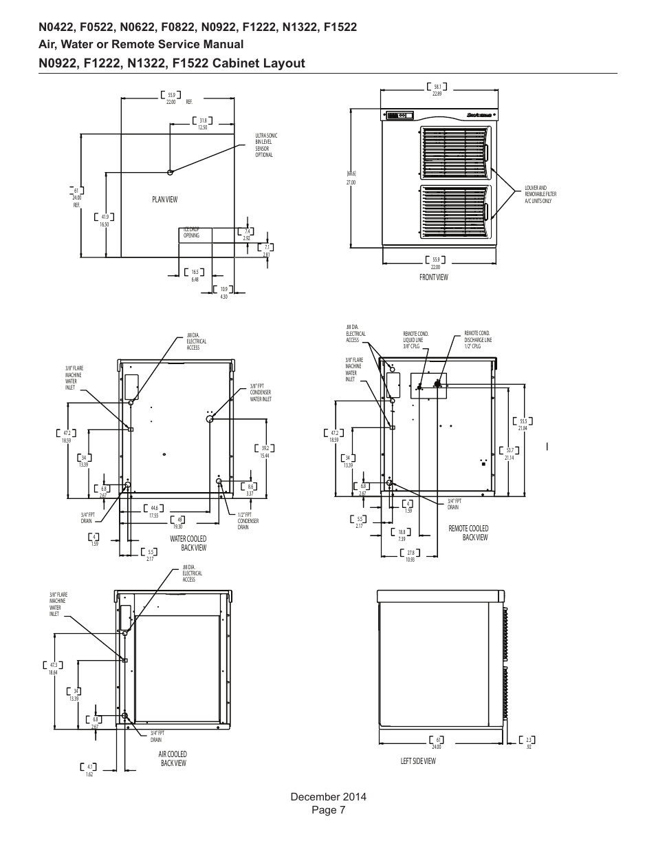 Plan view, Left side view, Air cooled back view | Water cooled back view, Remote cooled back view, Front view | Scotsman Prodigy Plus D Series Service Manual User Manual | Page 7 / 54