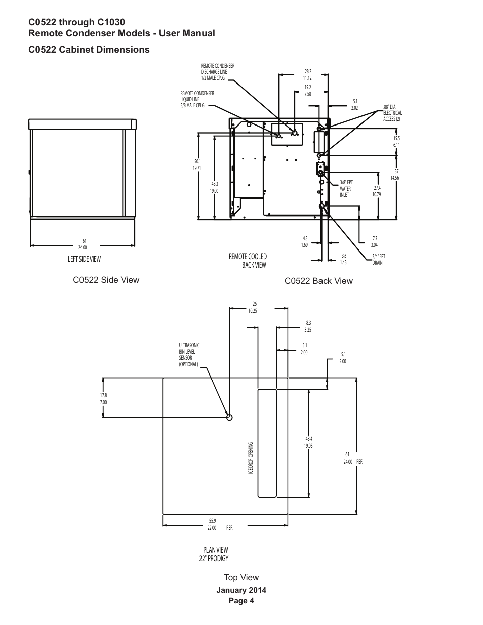 C0522 cabinet dimensions, Remote cooled back view, Plan view 22" prodigy | Scotsman C0522R User Manual | Page 5 / 26