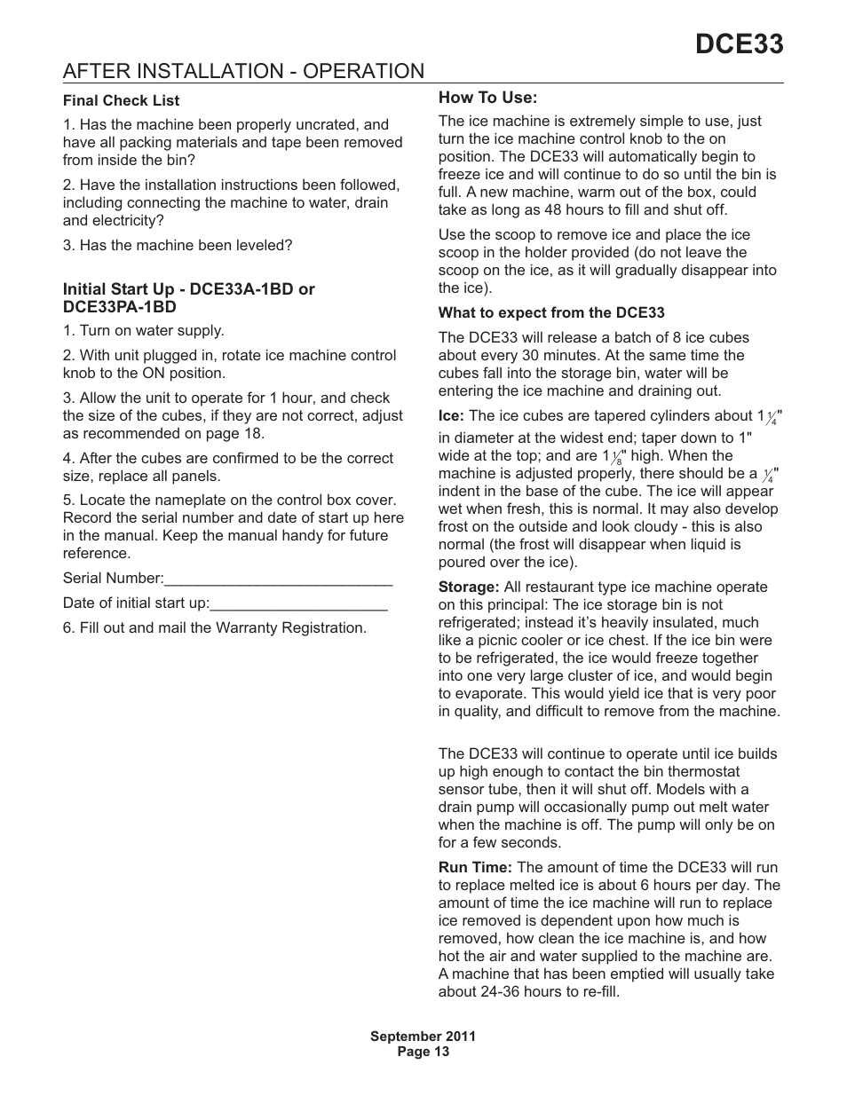 After installation - operation, Dce33 | Scotsman DCE33 User Manual | Page 13 / 26