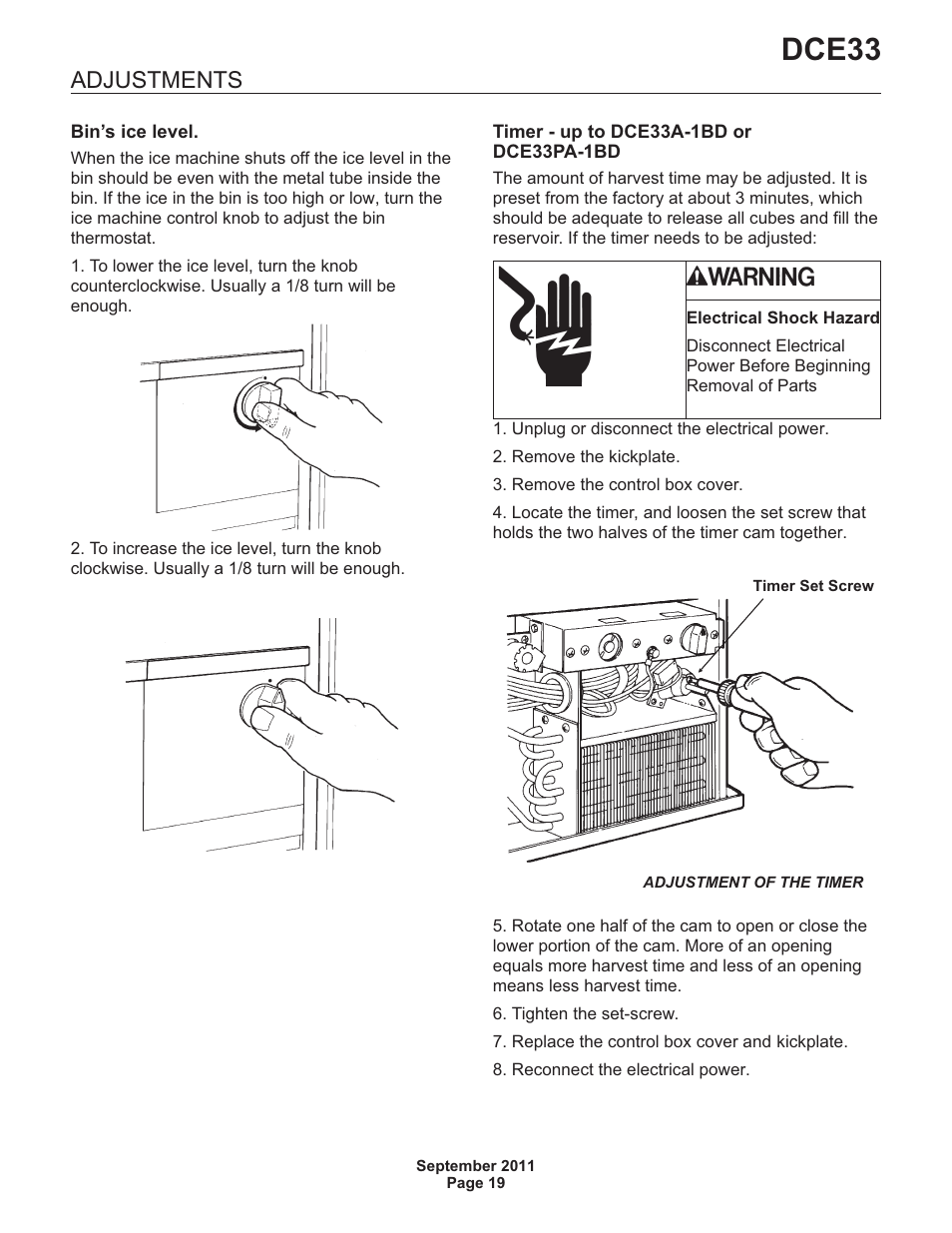 Dce33, Adjustments | Scotsman DCE33 User Manual | Page 19 / 26