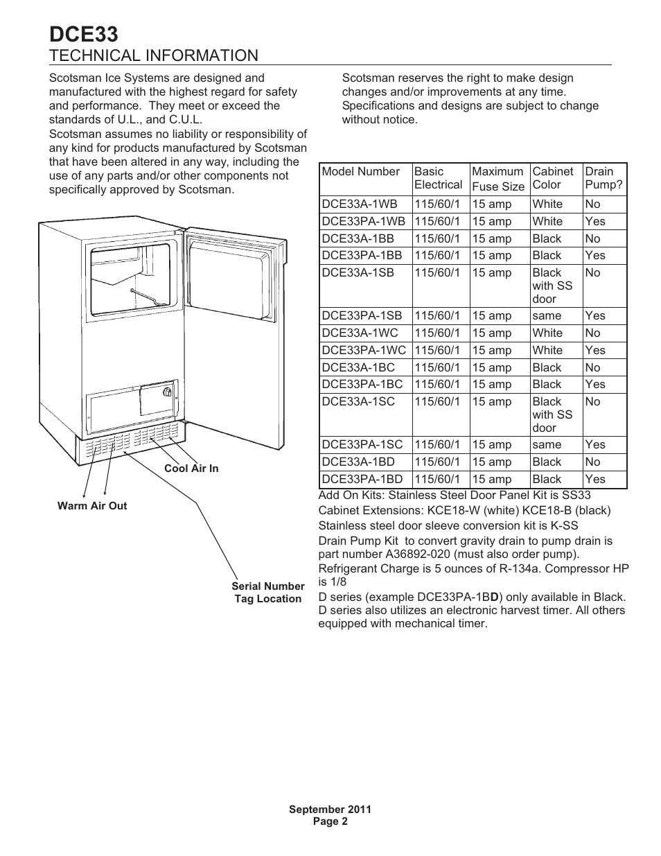 Dce33, Technical information | Scotsman DCE33 User Manual | Page 2 / 26