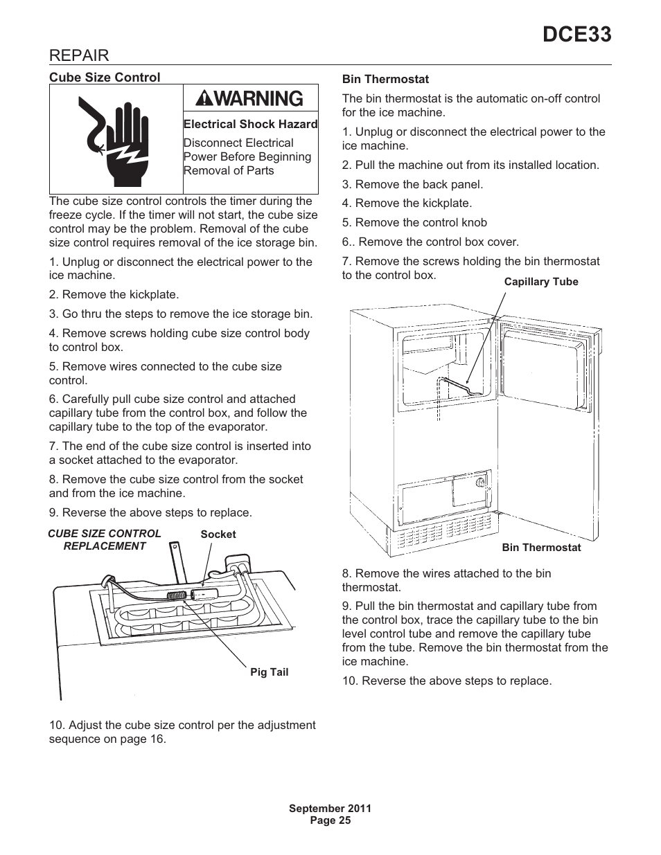 Repair, Dce33 | Scotsman DCE33 User Manual | Page 25 / 26