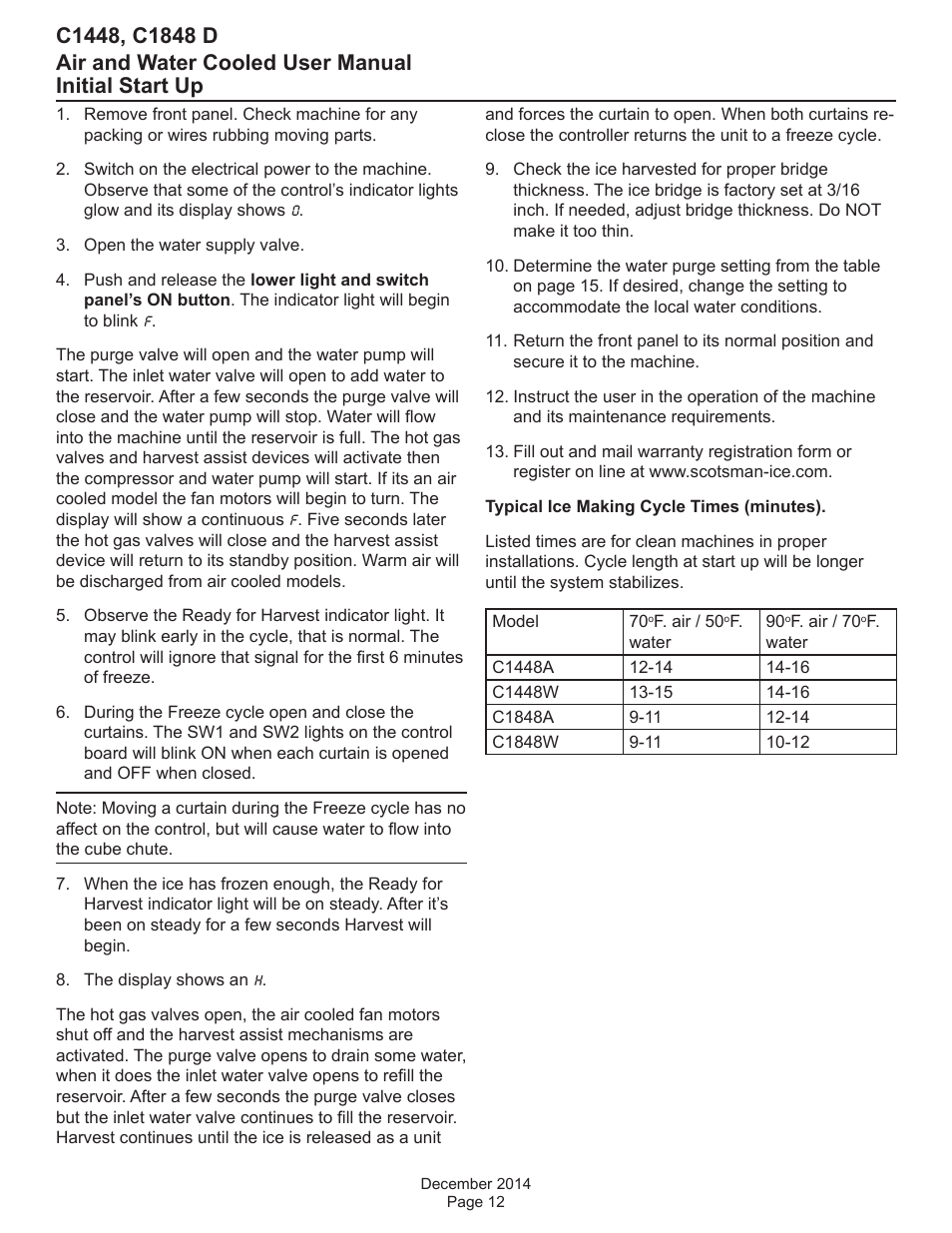 Initial start up | Scotsman C1448 User Manual | Page 13 / 22