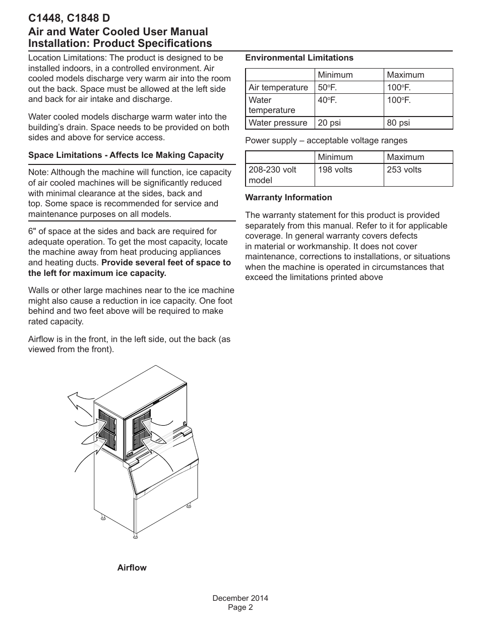 Installation: product specifications | Scotsman C1448 User Manual | Page 3 / 22