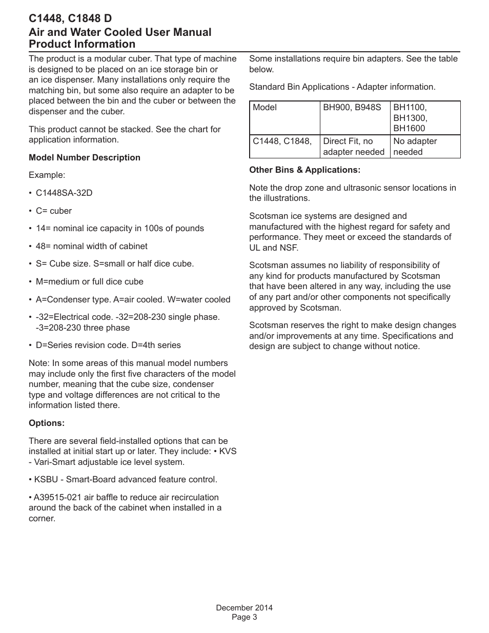 Product information | Scotsman C1448 User Manual | Page 4 / 22