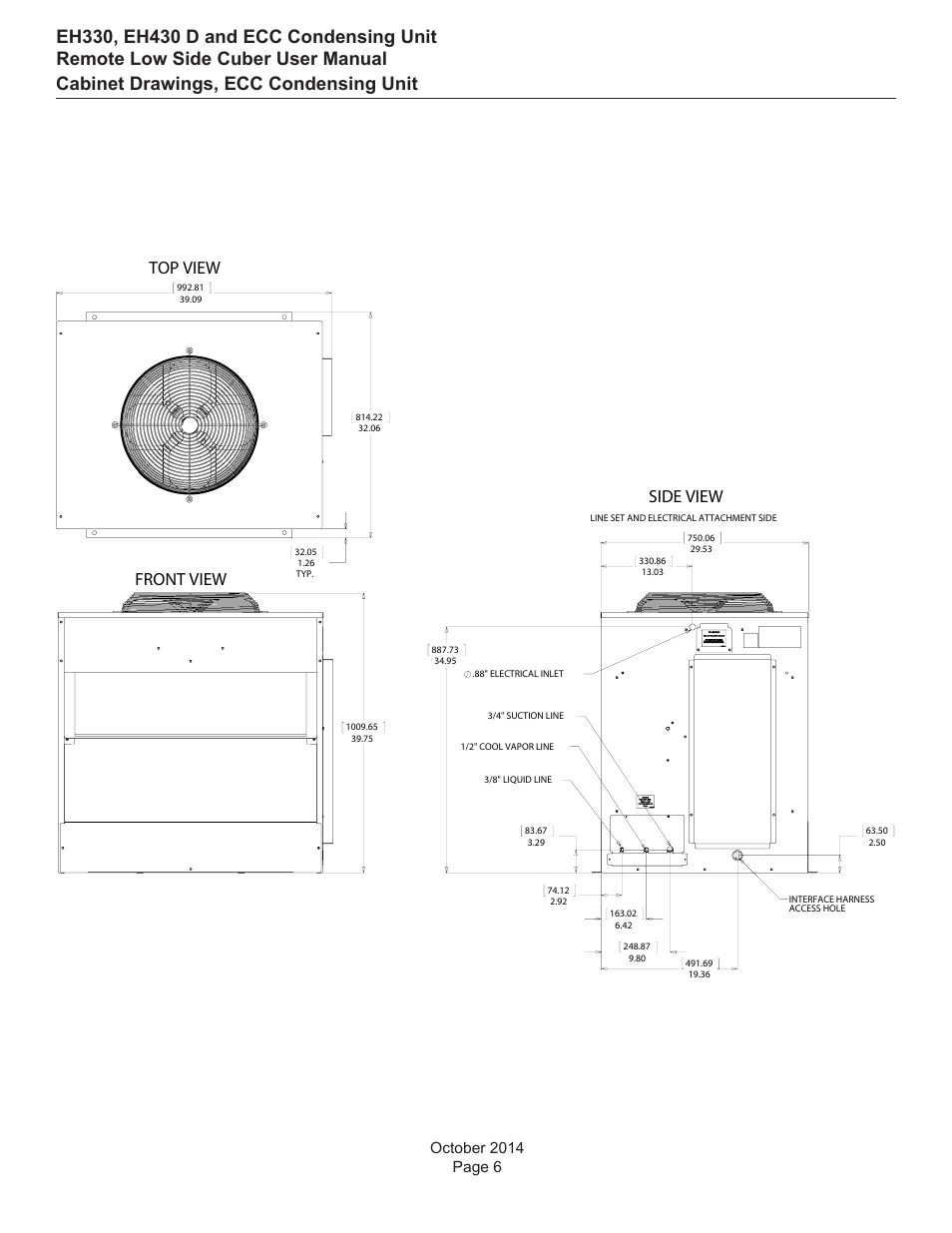 Cabinet drawings, ecc condensing unit, Top view, Front view | Side view | Scotsman EH330 D with ECC Condensing Unit User Manual | Page 7 / 31