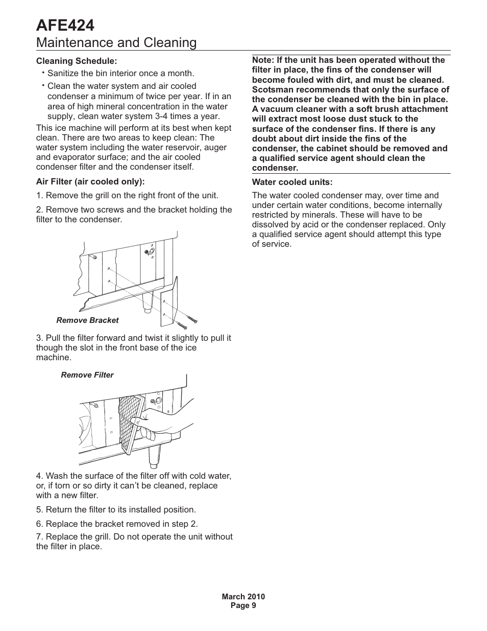 Afe424, Maintenance and cleaning | Scotsman AFE424 User Manual | Page 10 / 15