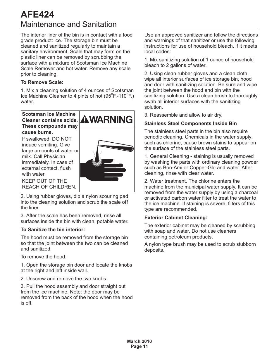 Afe424, Maintenance and sanitation | Scotsman AFE424 User Manual | Page 12 / 15