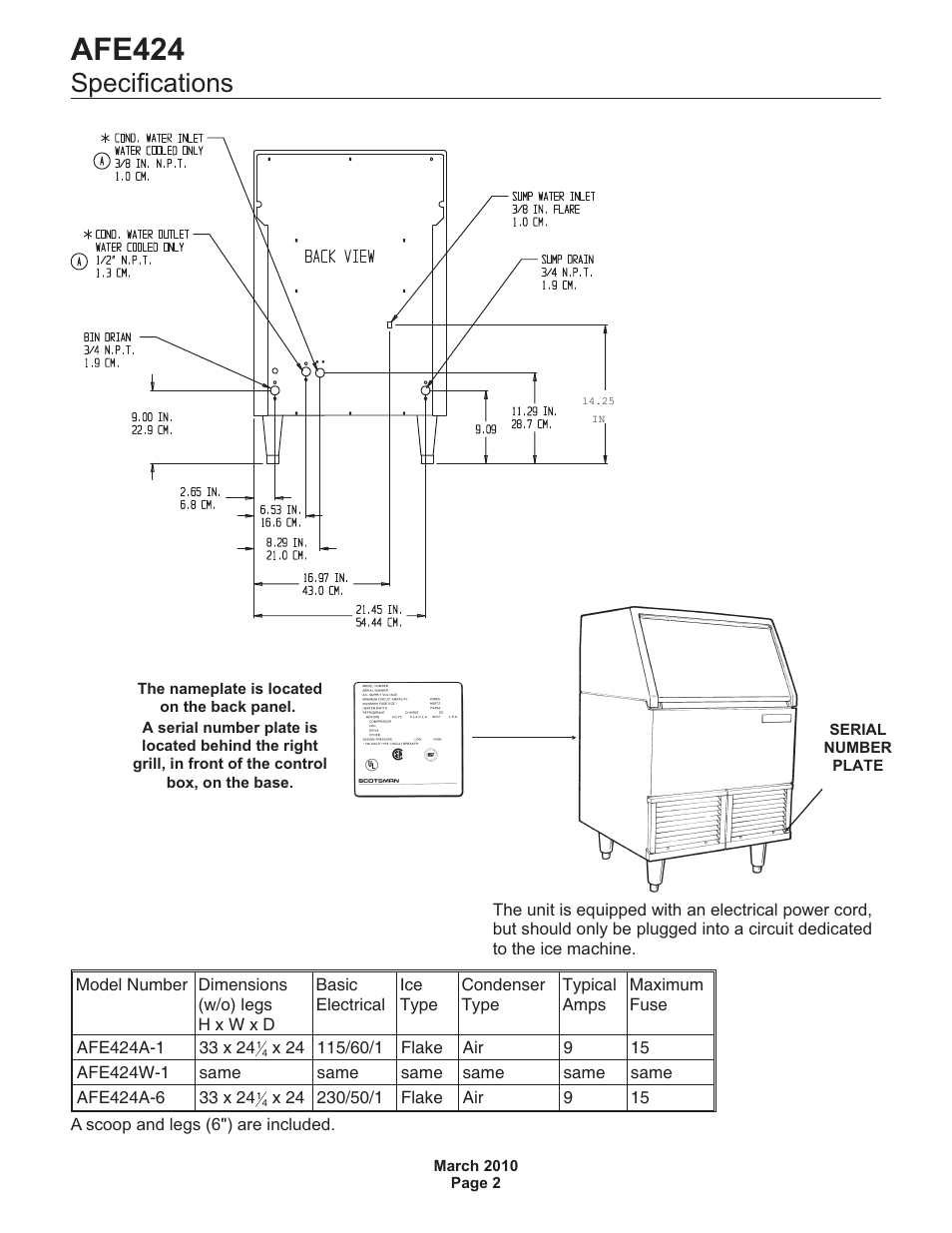 Afe424, Specifications | Scotsman AFE424 User Manual | Page 3 / 15