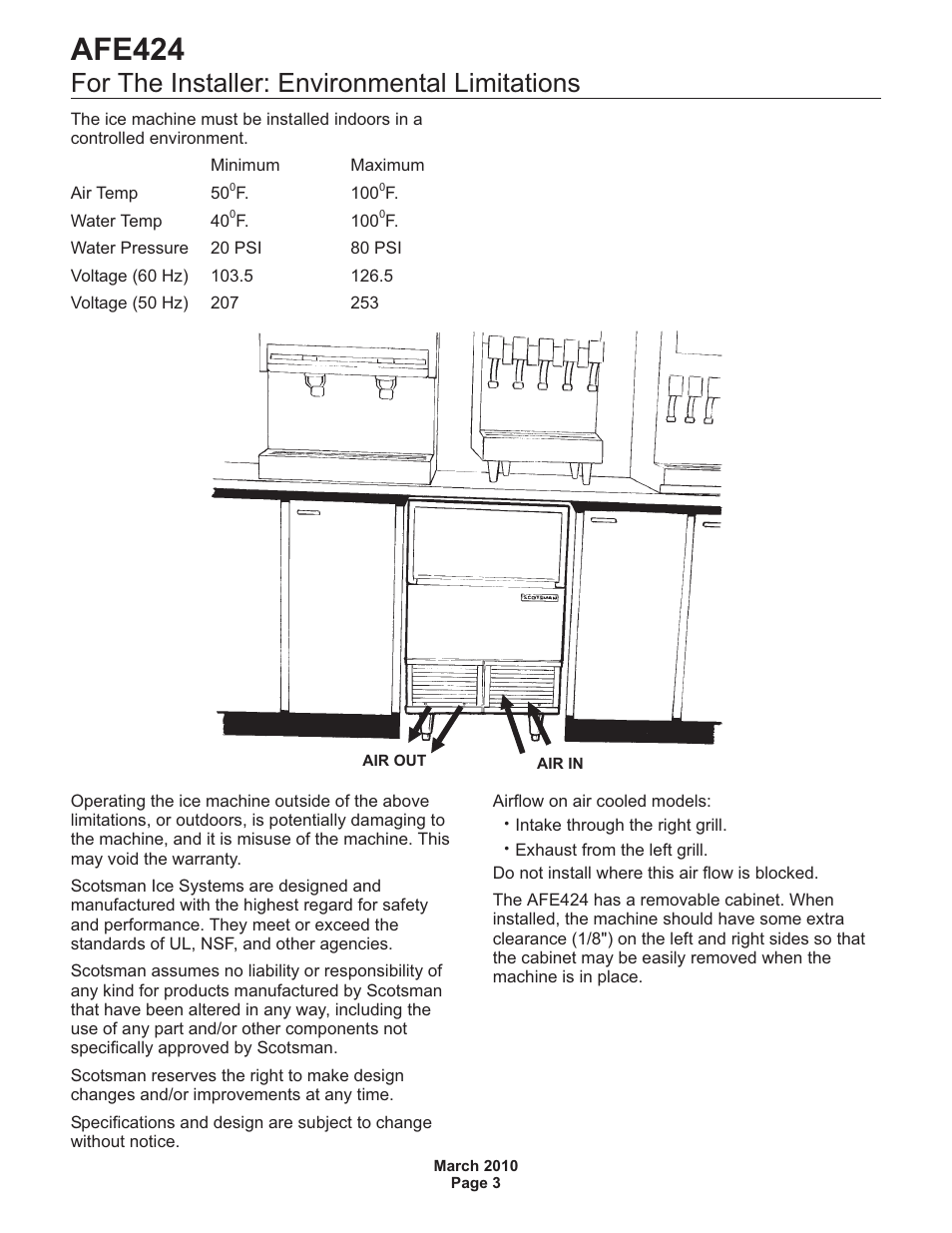 Afe424, For the installer: environmental limitations | Scotsman AFE424 User Manual | Page 4 / 15