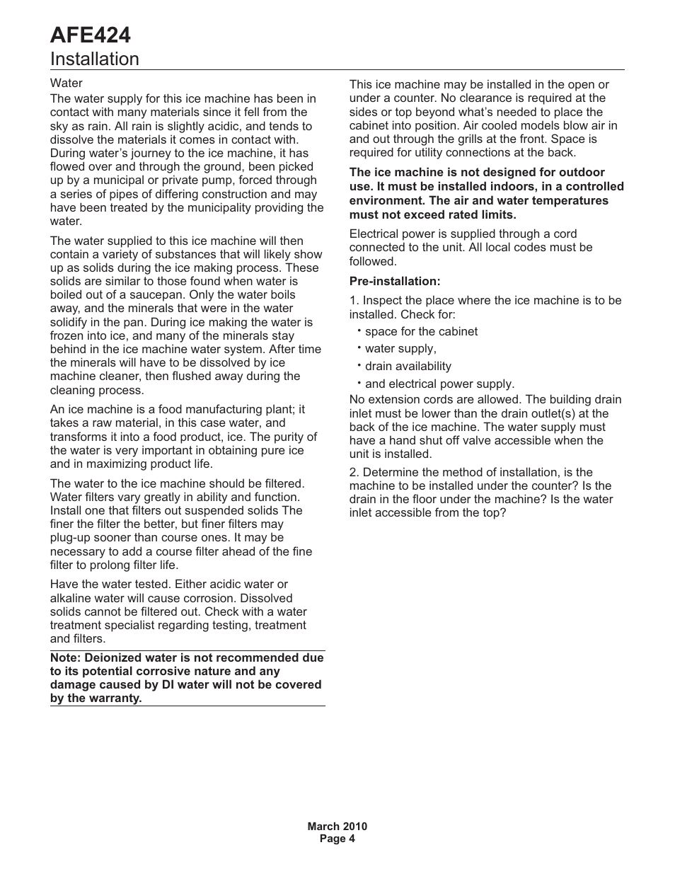 Installation, Afe424 | Scotsman AFE424 User Manual | Page 5 / 15