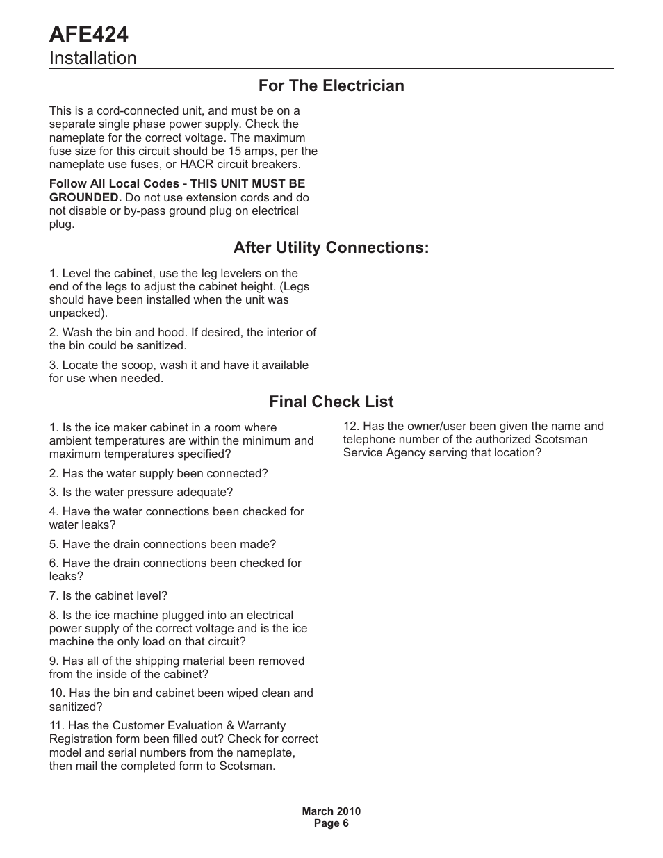 Installation, Afe424, For the electrician | After utility connections, Final check list | Scotsman AFE424 User Manual | Page 7 / 15
