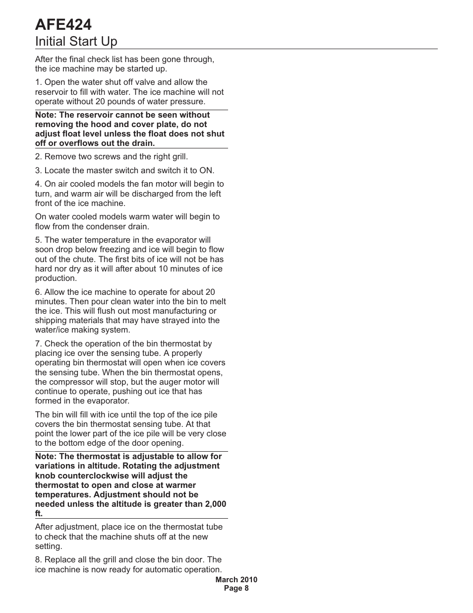 Afe424, Initial start up | Scotsman AFE424 User Manual | Page 9 / 15