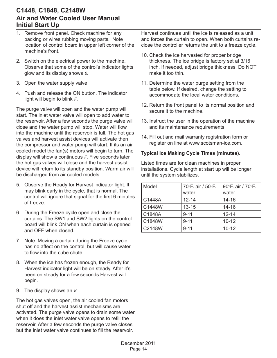 Initial start up | Scotsman C1448 User Manual | Page 15 / 25