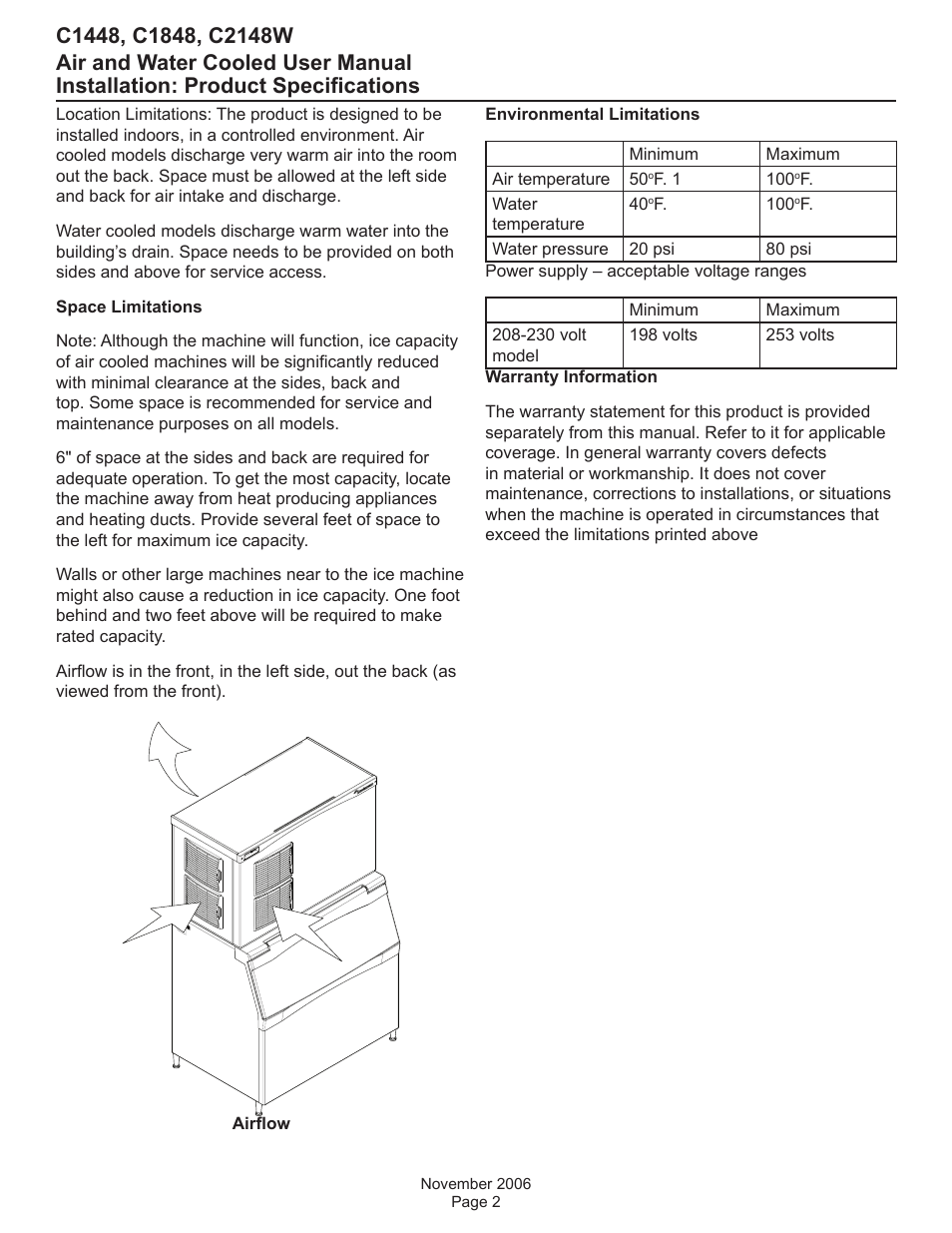 Installation: product specifications | Scotsman C1448 User Manual | Page 3 / 25