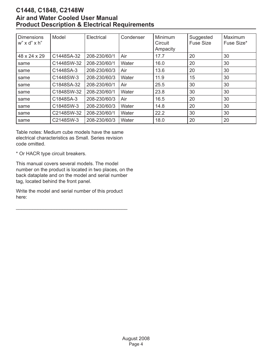 Product description & electrical requirements | Scotsman C1448 User Manual | Page 5 / 25