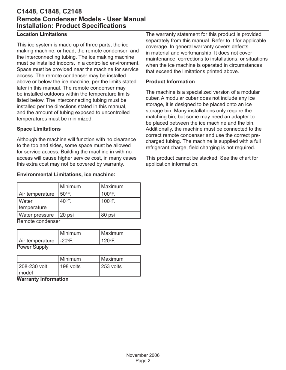 Installation: product specifications | Scotsman C1448R User Manual | Page 3 / 26