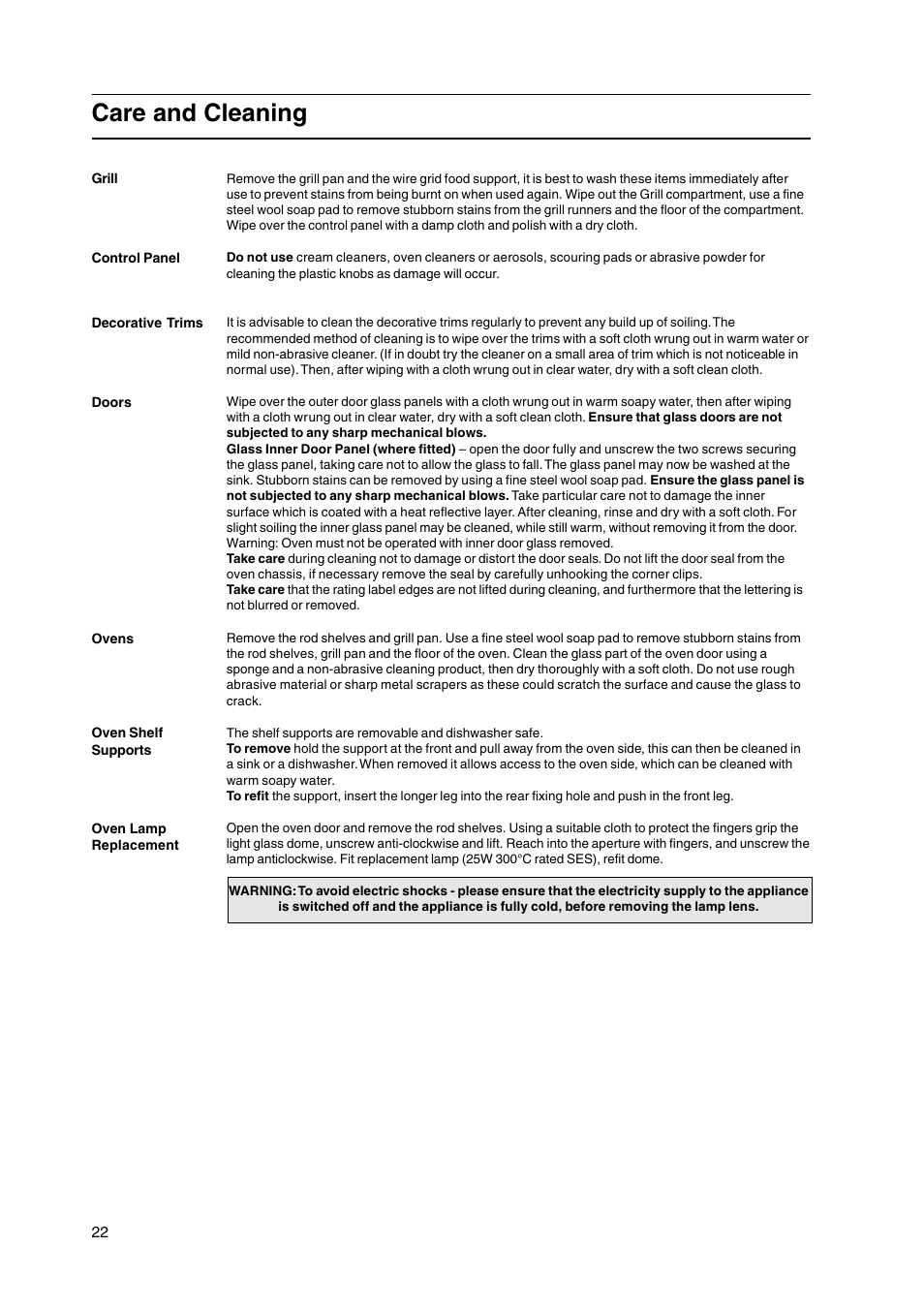 Care and cleaning | Cannon 50cm Free Standing Gas Cooker C50GKB User Manual | Page 22 / 28