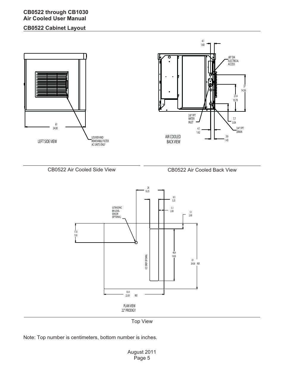 Cb0522 cabinet layout, Top view, Cb0522 air cooled side view | Left side view, Air cooled back view | Scotsman CB0522 User Manual | Page 6 / 43