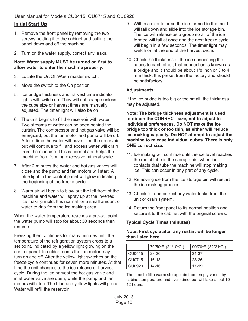 Initial start up | Scotsman CU0415 User Manual | Page 11 / 17