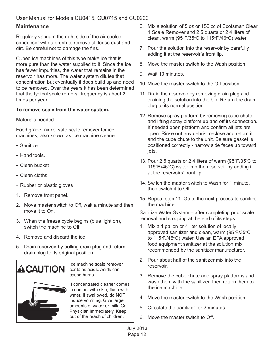 Maintenance | Scotsman CU0415 User Manual | Page 13 / 17