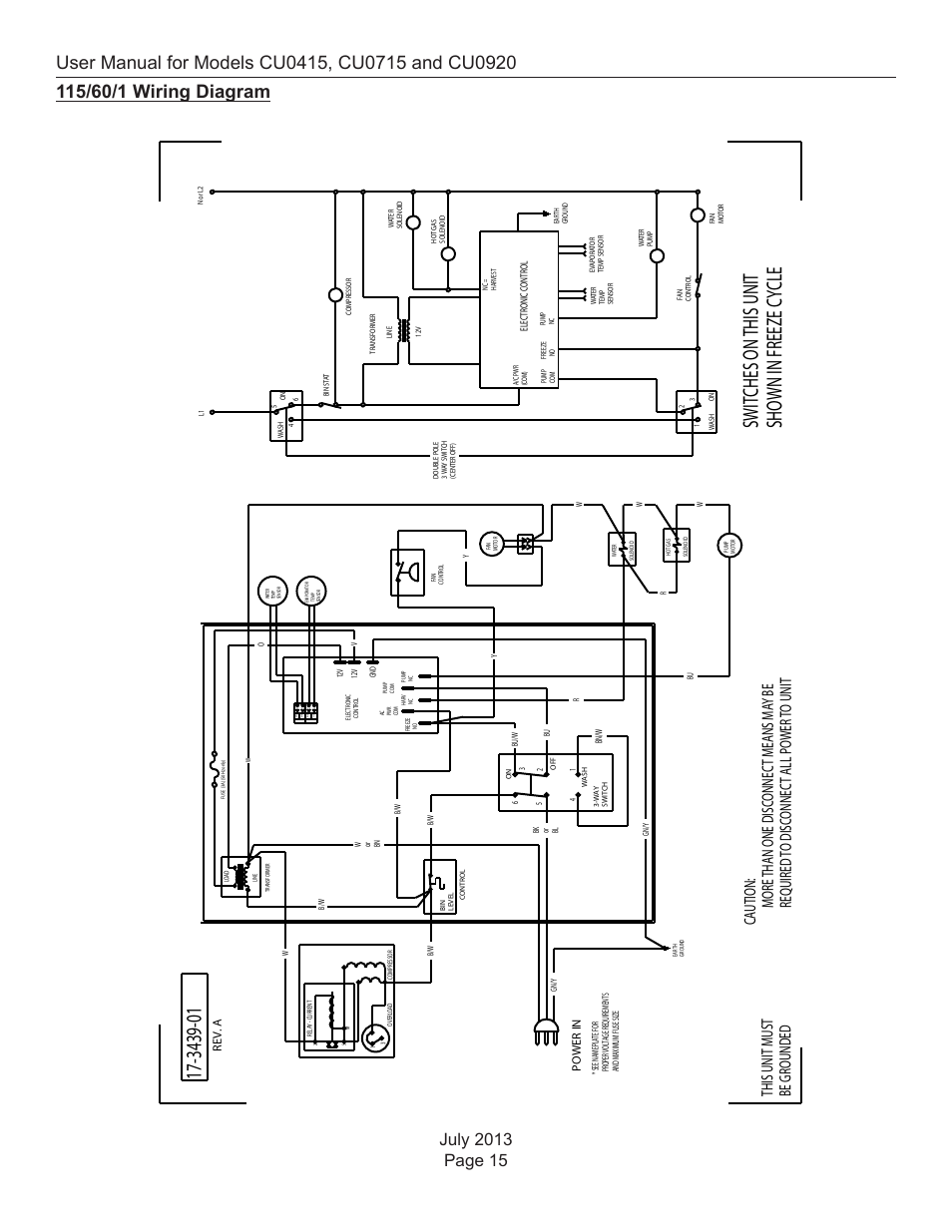 115/60/1 wiring diagram, Swit ches on this unit shown in freeze c ycle, This unit must be gr ounded | Re v. a, Power in | Scotsman CU0415 User Manual | Page 16 / 17