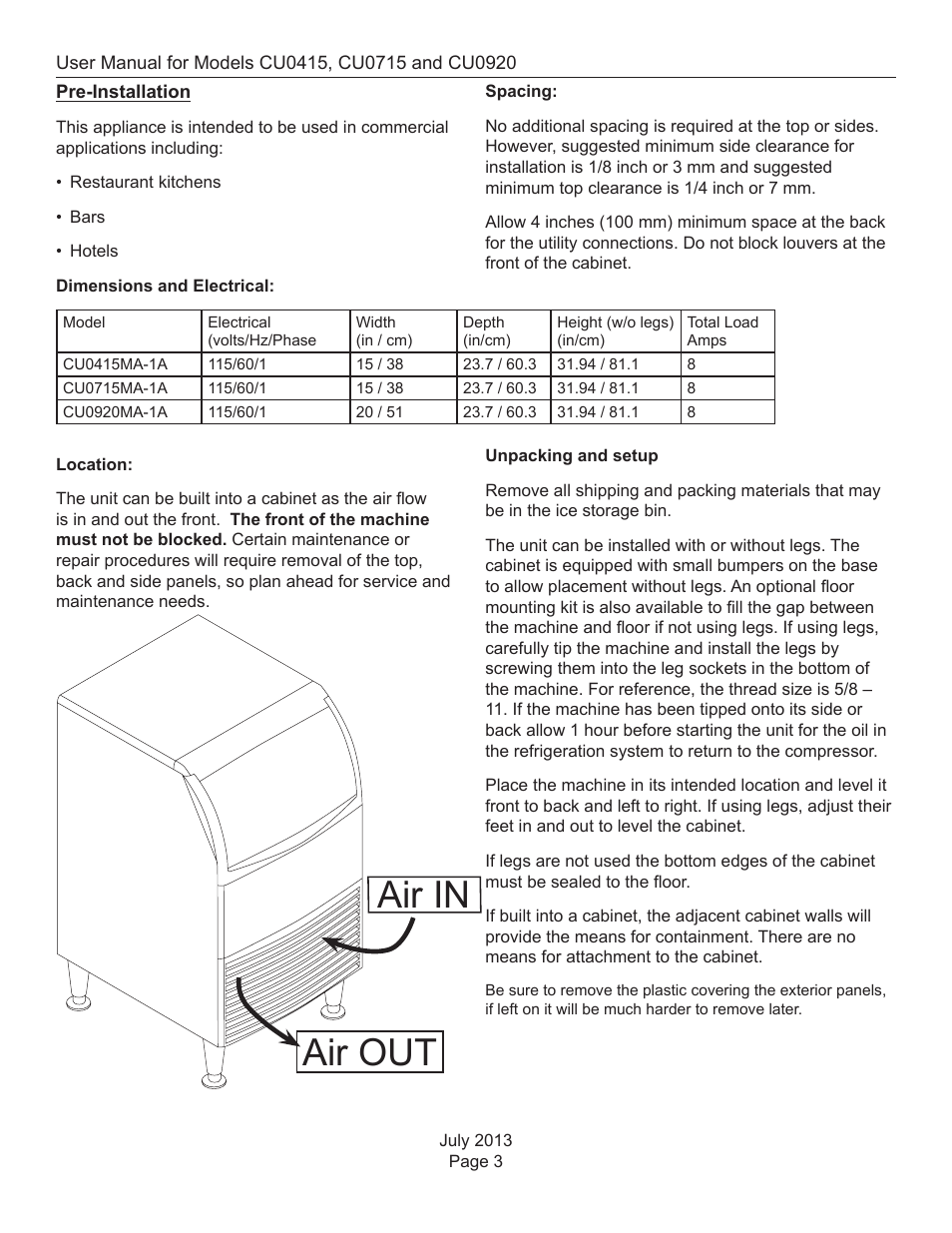 Pre-installation, Air in air out | Scotsman CU0415 User Manual | Page 4 / 17