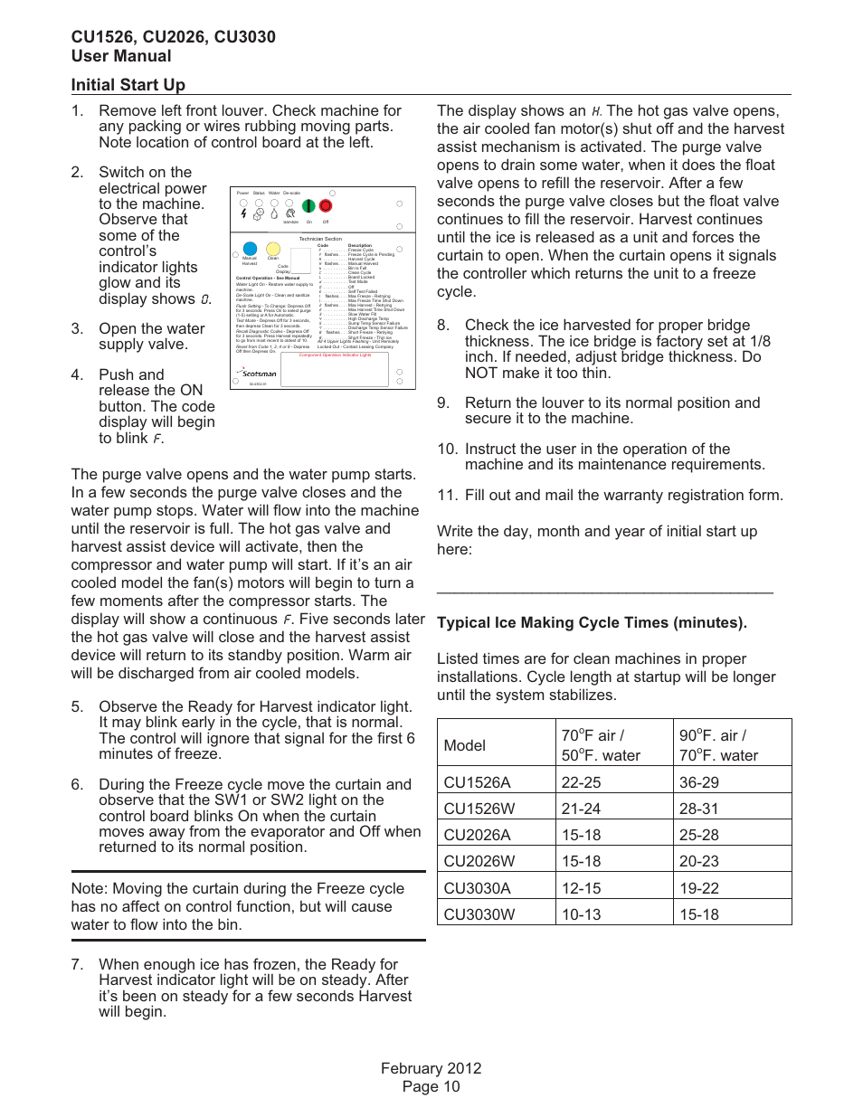 Initial start up, F air / 50, F. water 90 | F. air / 70 | Scotsman CU1526 User Manual | Page 11 / 18