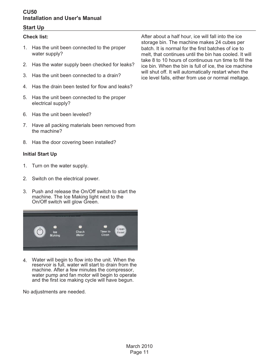 Start up | Scotsman CU50 User Manual | Page 12 / 16