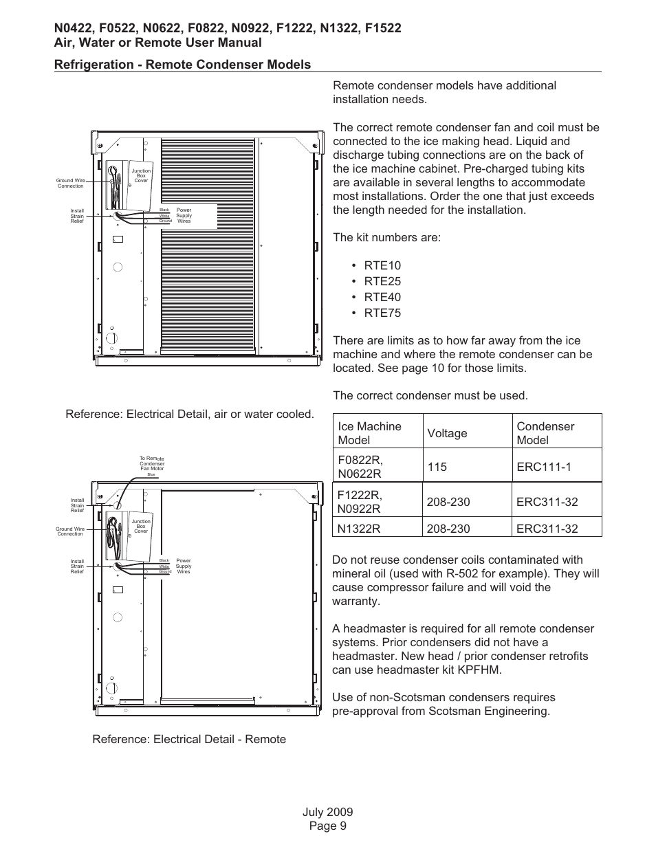 Refrigeration - remote condenser models, Rte10, Rte25 | Rte40, Reference: electrical detail - remote, Reference: electrical detail, air or water cooled | Scotsman F0522 User Manual | Page 10 / 24