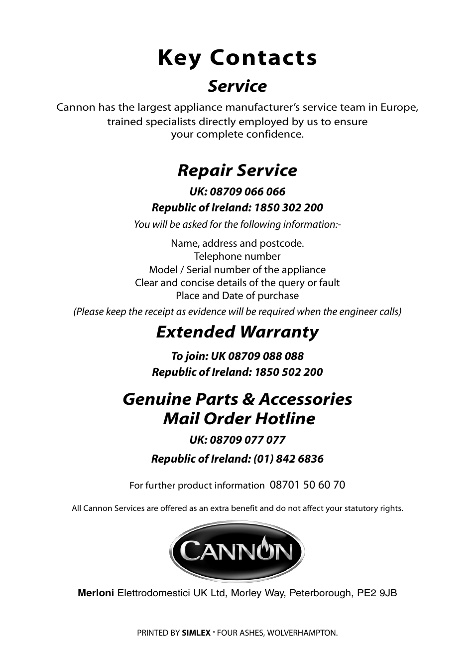 Key contacts, Service, Repair service | Extended warranty, Genuine parts & accessories mail order hotline | Cannon 10455G User Manual | Page 36 / 36
