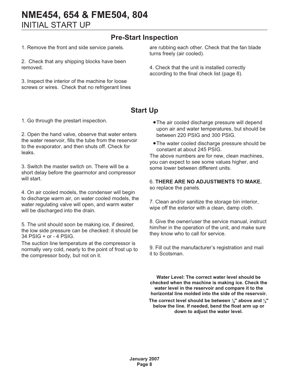 Initial start up, Pre-start inspection, Start up | Scotsman FME504 User Manual | Page 9 / 16