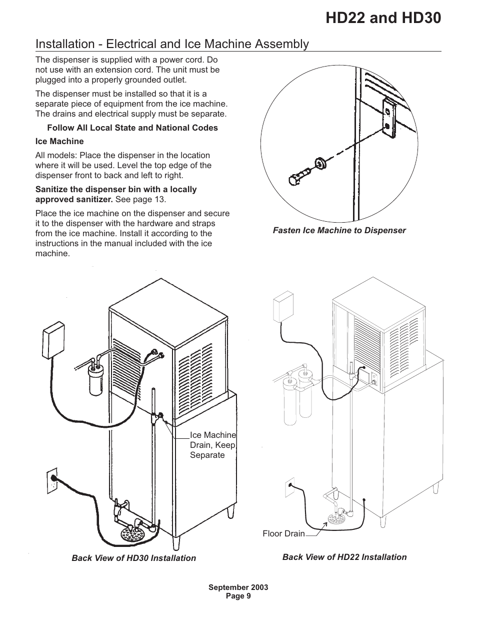 Hd22 and hd30, Installation - electrical and ice machine assembly | Scotsman HD22 User Manual | Page 10 / 18